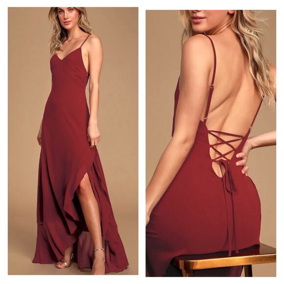 NWT Lulus Ada Lace-Up Maxi Dress Size L Burgundy Babydoll Asymmetric Ruffle Hem - Picture 2 of 16